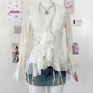 Y2K White Ruffle Blouse Raw Hem — Fairycore / Coquette Aesthetic